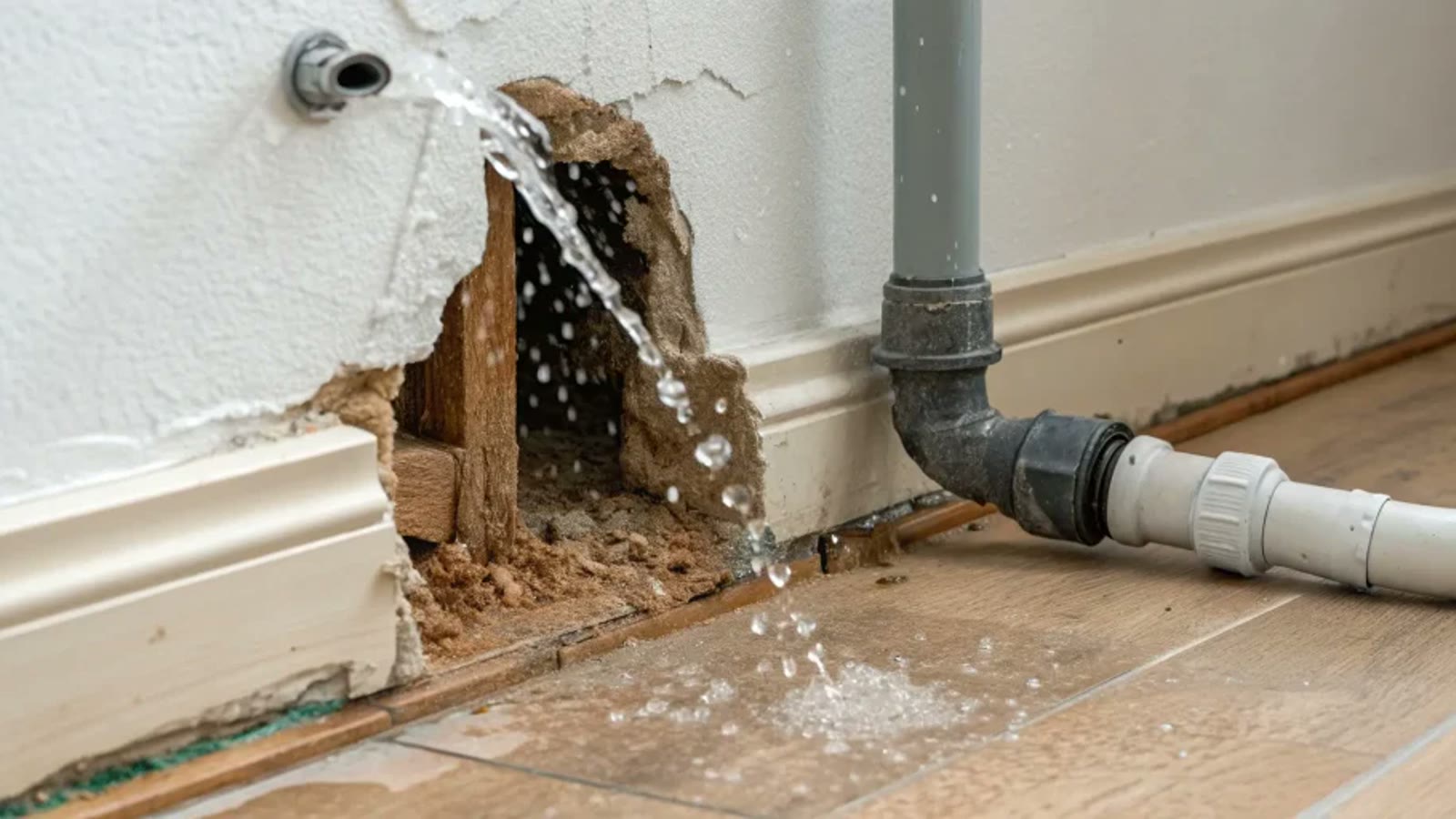 Water spraying from a damaged pipe inside an opened wall